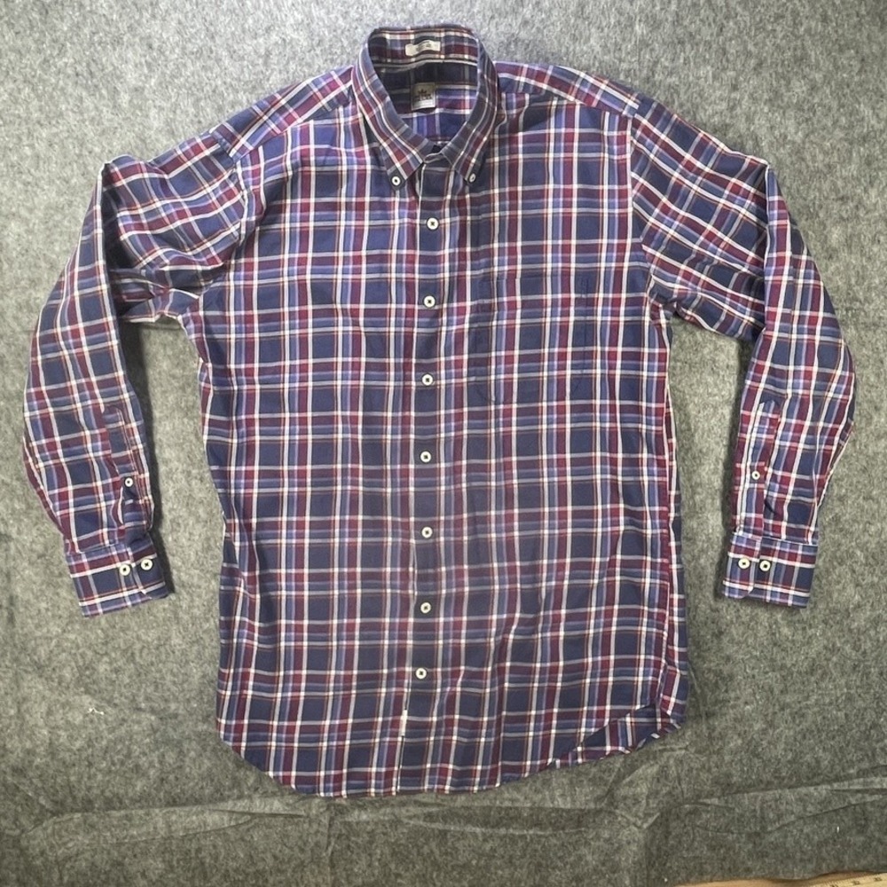 Peter Millar Shirt Mens Medium Blue Red White Plaid Button Down Cotton Classic